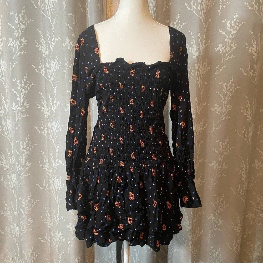 Free People Love of My Life Smocked Mini Dress • Black Floral Ditsy • Small